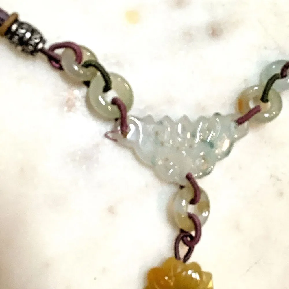 Vintage Jadeite Carved Necklace Y-Drop Pendant Silk Cord Asian Bead Lariat
